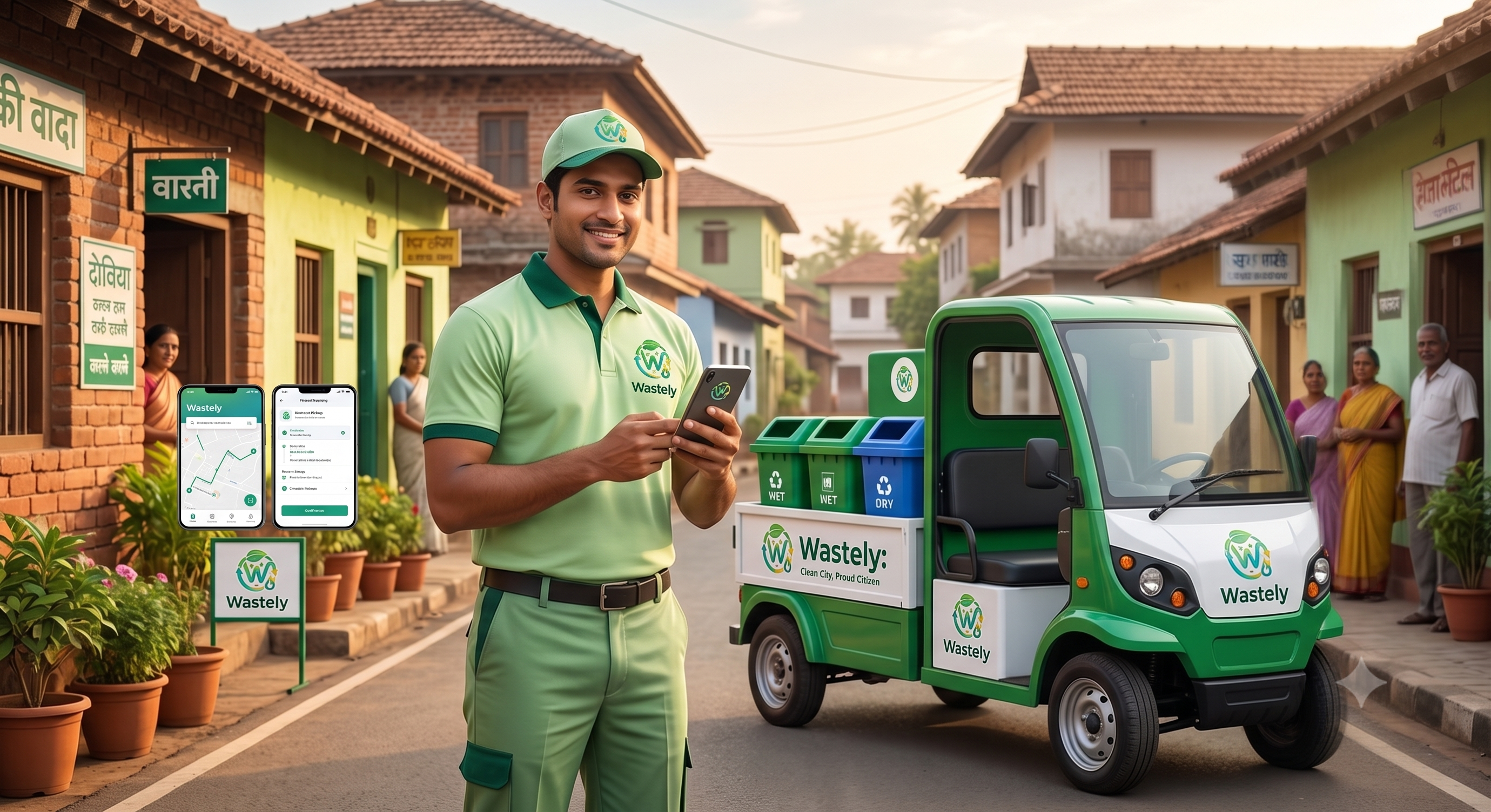 Wastely waste collector in clean green uniform using smartphone app beside collection vehicle