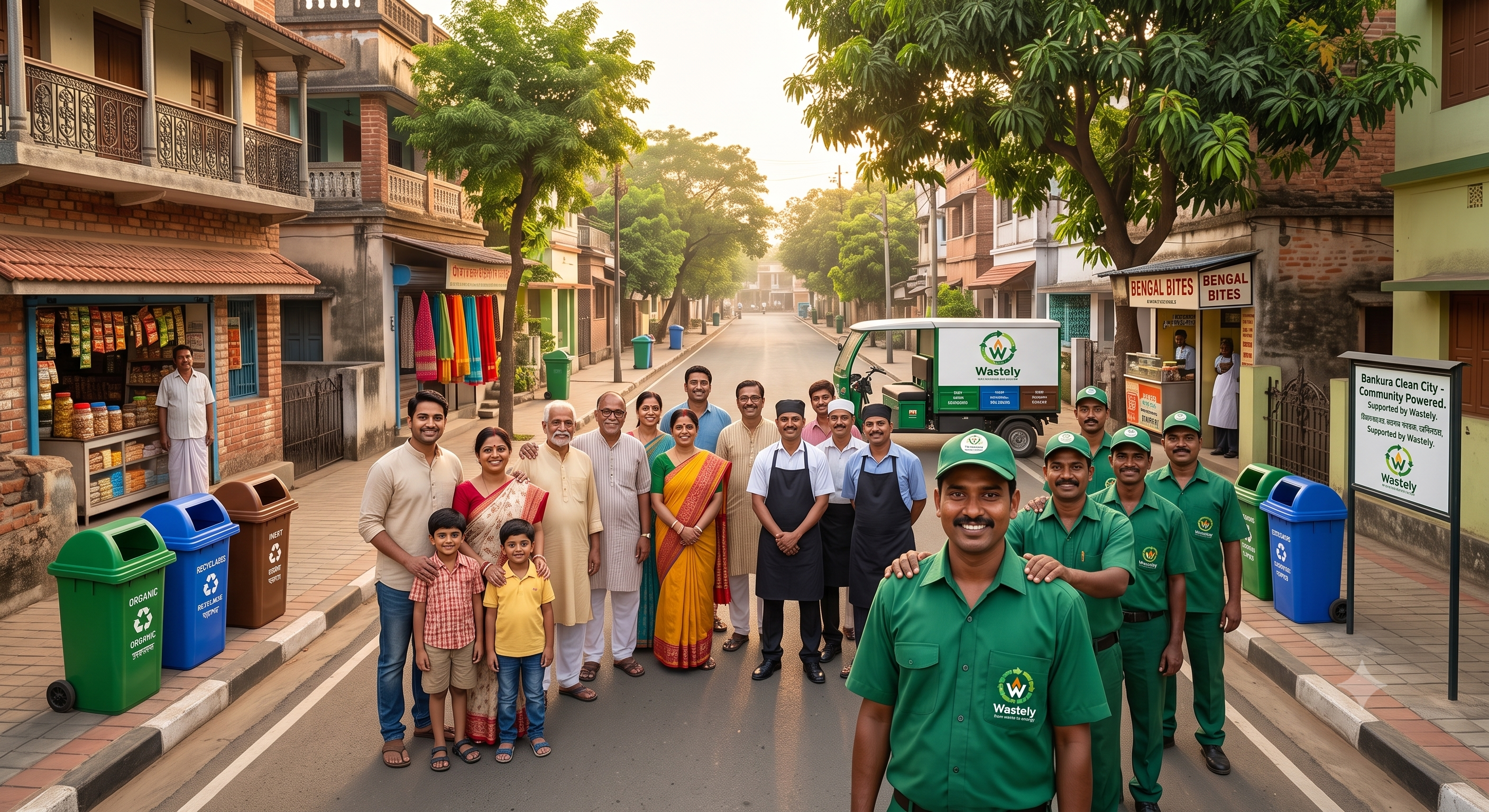 Families, shop owners, restaurant workers, and waste collectors standing together in a clean small Indian town