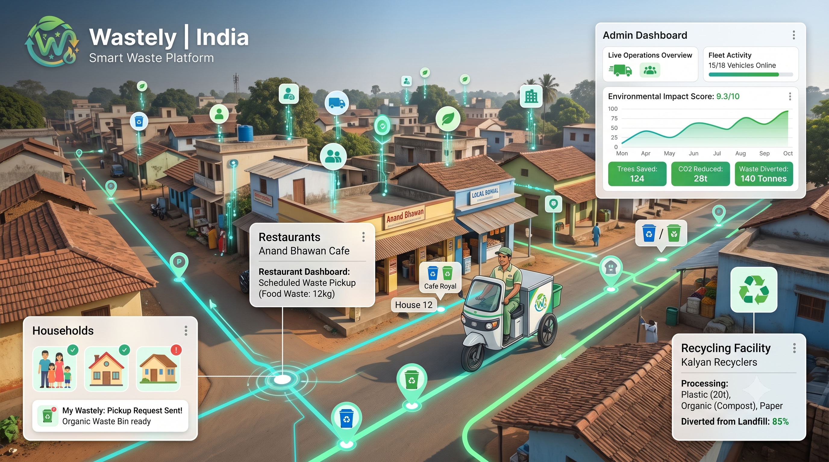 Smart waste management platform connecting households, restaurants, collectors, and recycling partners
