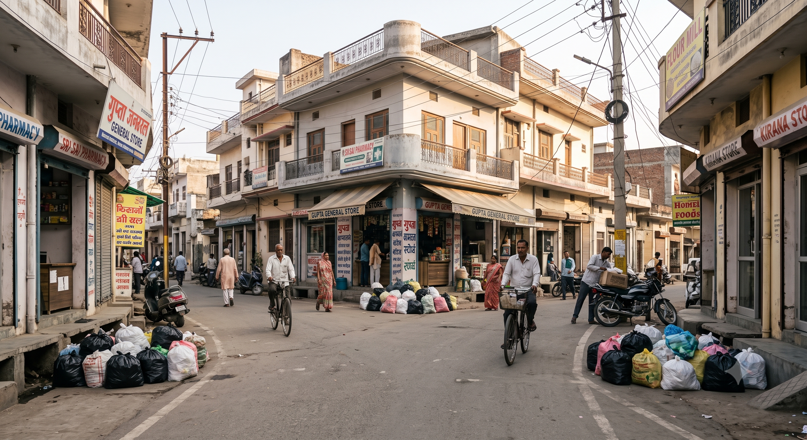 Small Indian town street with mixed waste bags waiting outside households and shops
