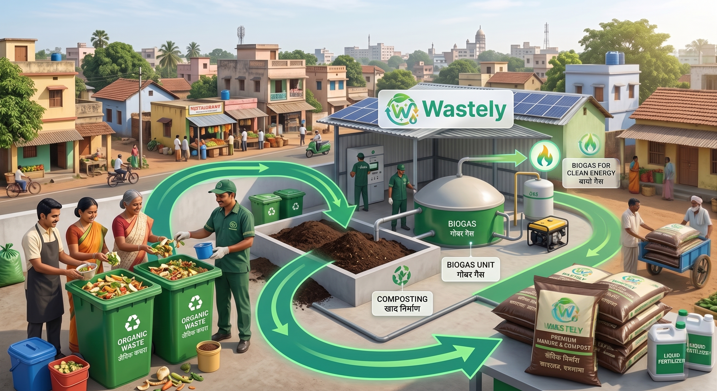 Segregated organic waste being transformed into compost, biogas, and manure in a circular economy